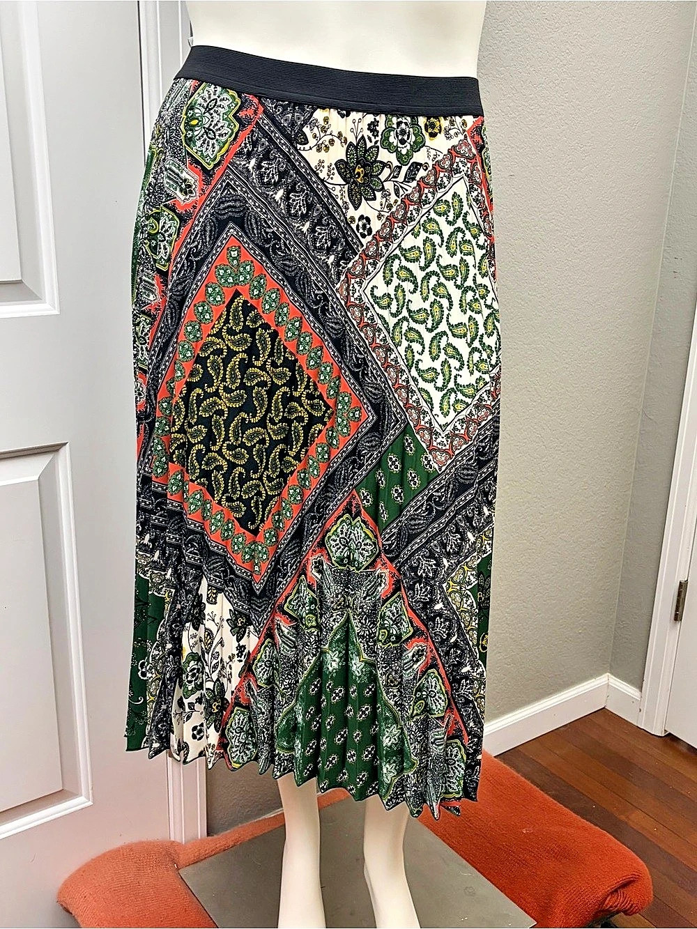 Persona by Marina Rinaldi Plisse Paisley Print Flared Midi Skirt Green & Black L